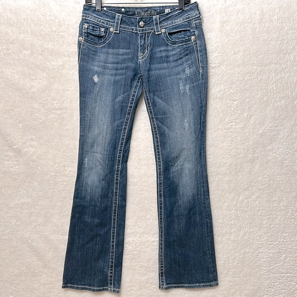 Miss Me low rise, distressed bling pocket boot cut jeans, size 28 - Picture 3 of 8